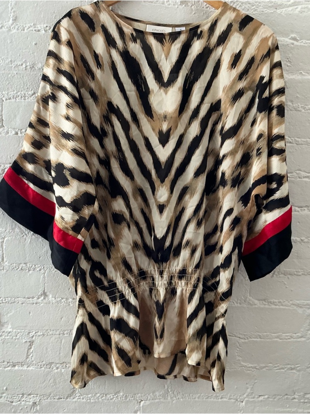 NWT Chico’s Mixed Zebra Print Peplum Blouse Bold Art To Wear Dressy Sz 1 Medium